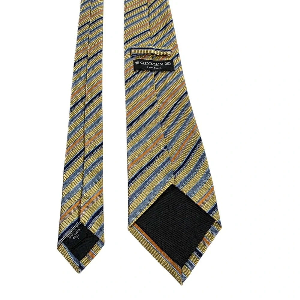 SCOTTY Z Palm Beach Silk Mens Yellow Blue Striped Necktie XL Hand Made Luxury‎